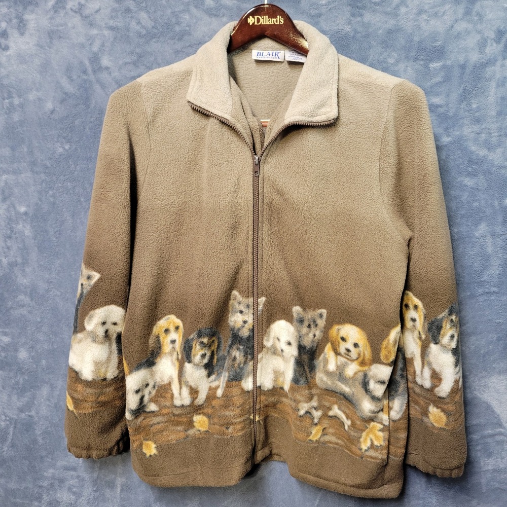 Blair Women's Medium Fleece Zip Up Jacket Puppy Dog Print Tan‎ Cozy